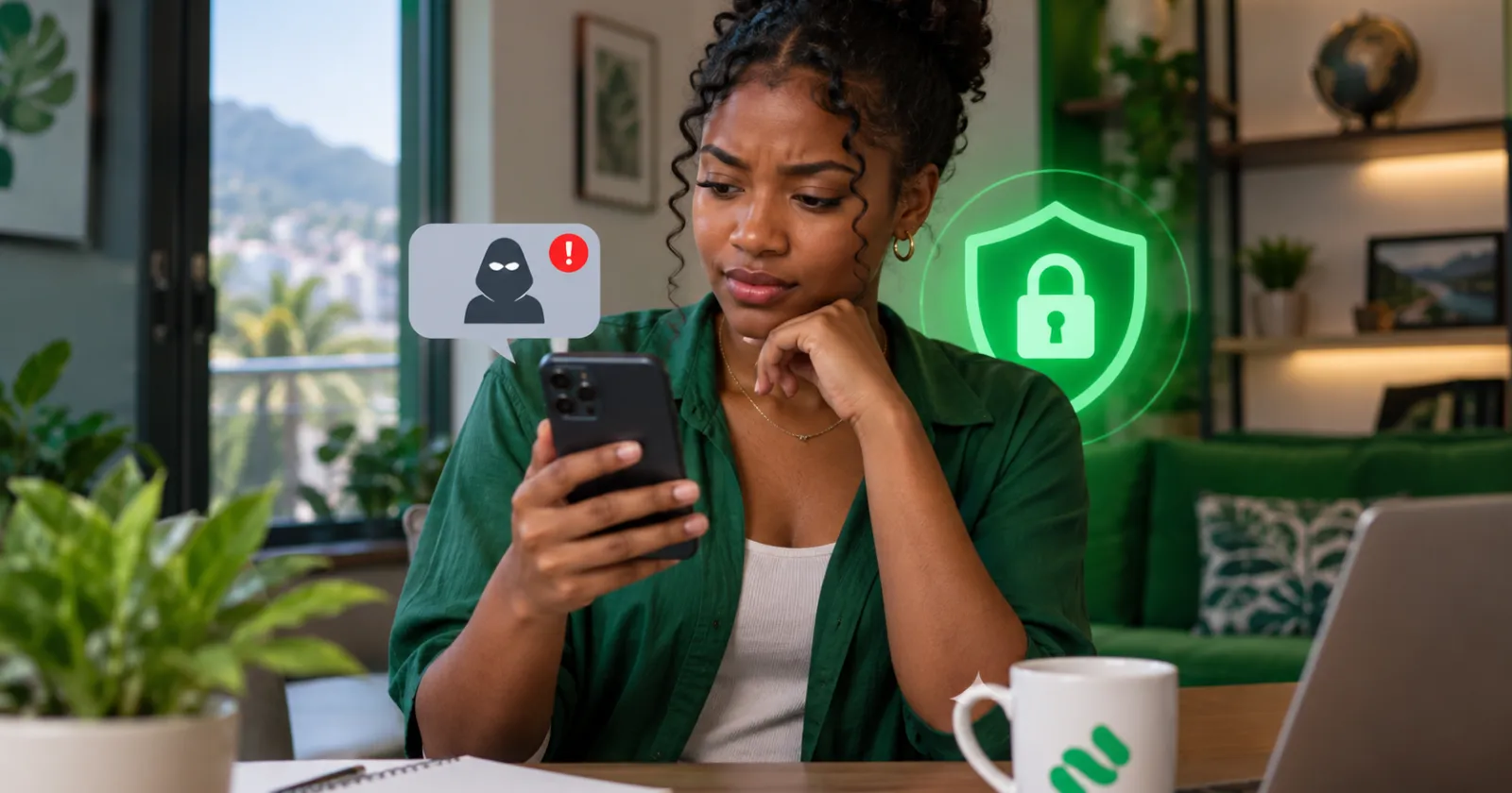Une femme examine un message suspect sur son téléphone, avec un bouclier vert et un cadenas