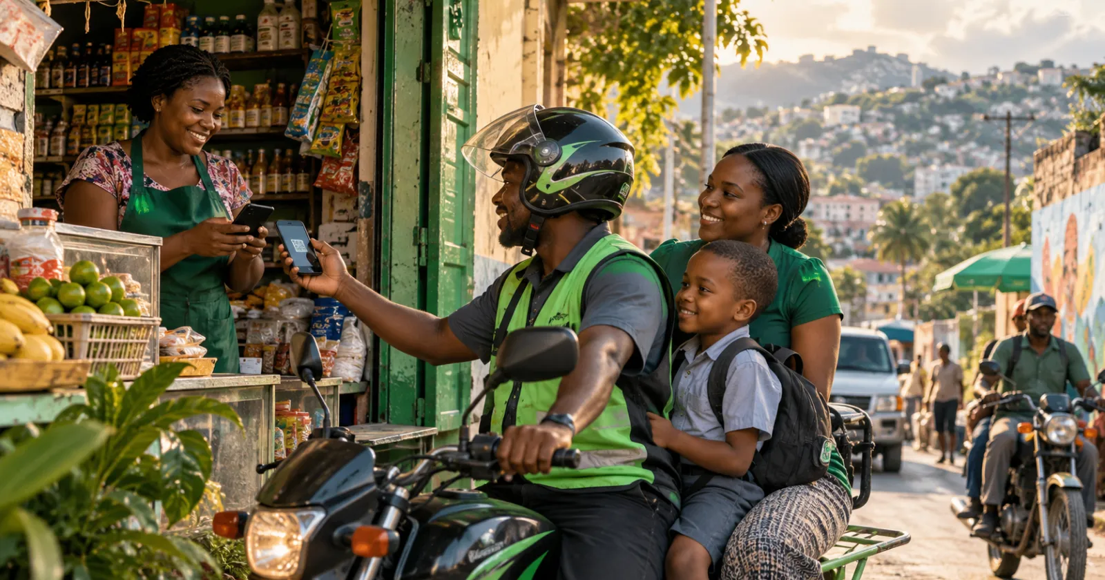 Scène de rue en Haïti : une boutique, une moto et une famille, avec un paiement sur téléphone