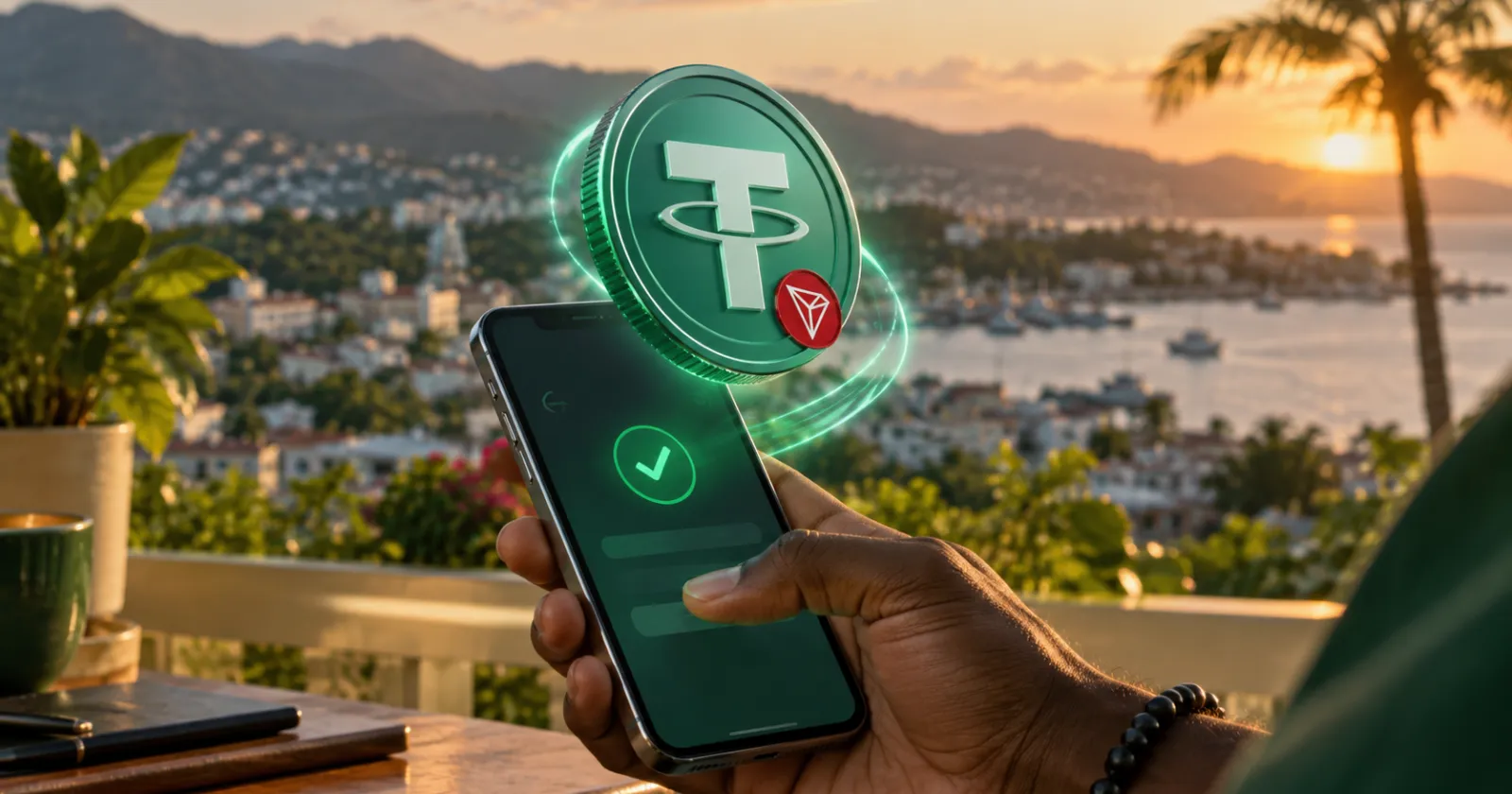 Une main tient un téléphone avec une pièce USDT lumineuse devant une vue de la baie haïtienne