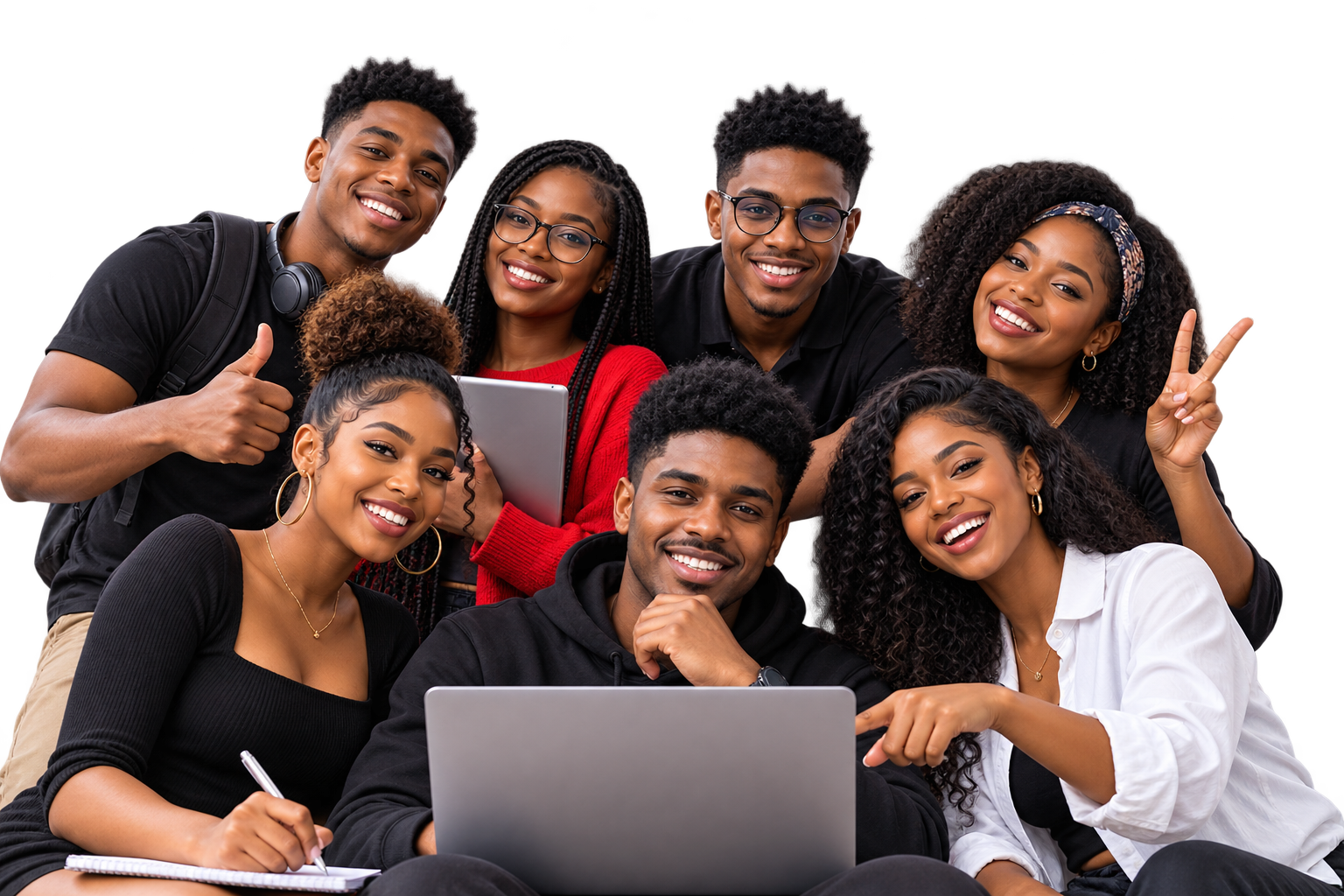 Un groupe de jeunes souriants réunis autour d'un ordinateur